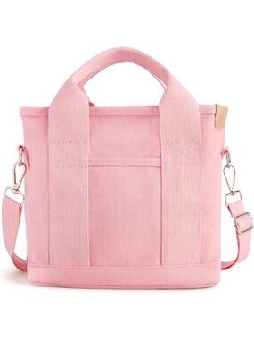Women's Pink Canvas Tote Bag With Multi Pockets Mini Shoulder Bags With Zipper